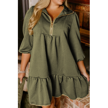 Textured Contrast Trim Quarter Zip Bracelet Sleeve Mini Dress