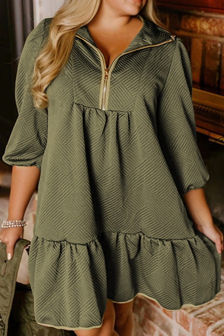 Textured Contrast Trim Quarter Zip Bracelet Sleeve Mini Dress