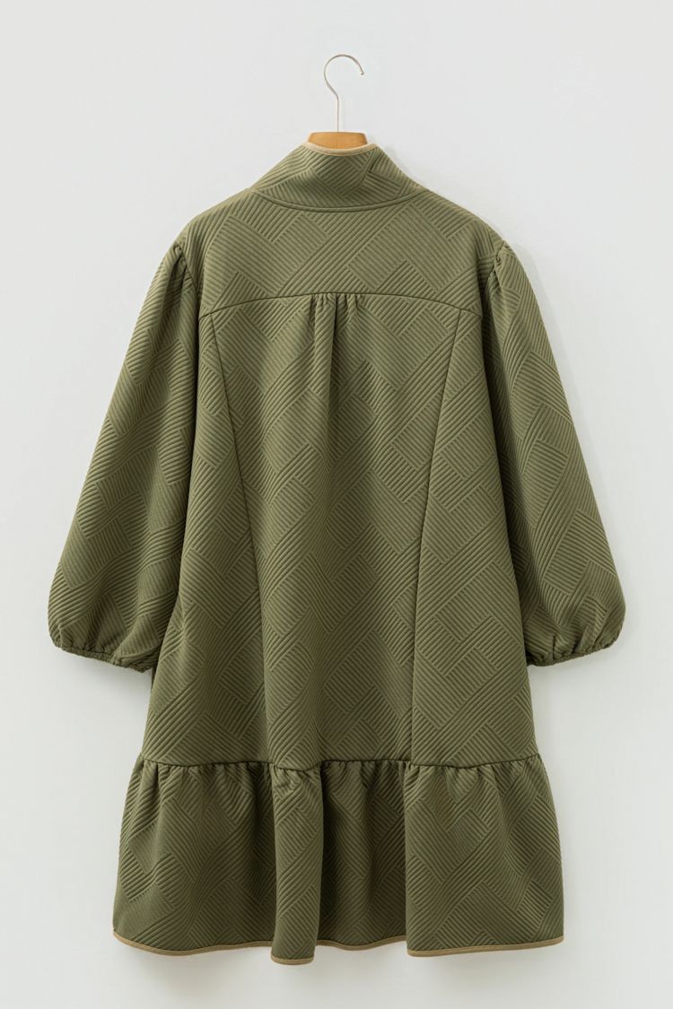 Textured Contrast Trim Quarter Zip Bracelet Sleeve Mini Dress