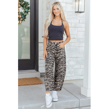 Zebra Stripe Printed Wide Leg Barrel Jeans