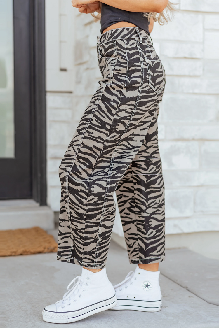 Zebra Stripe Printed Wide Leg Barrel Jeans