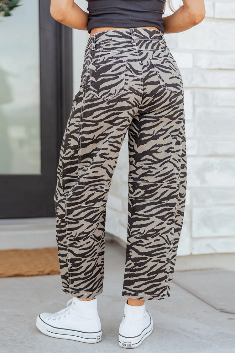 Zebra Stripe Printed Wide Leg Barrel Jeans