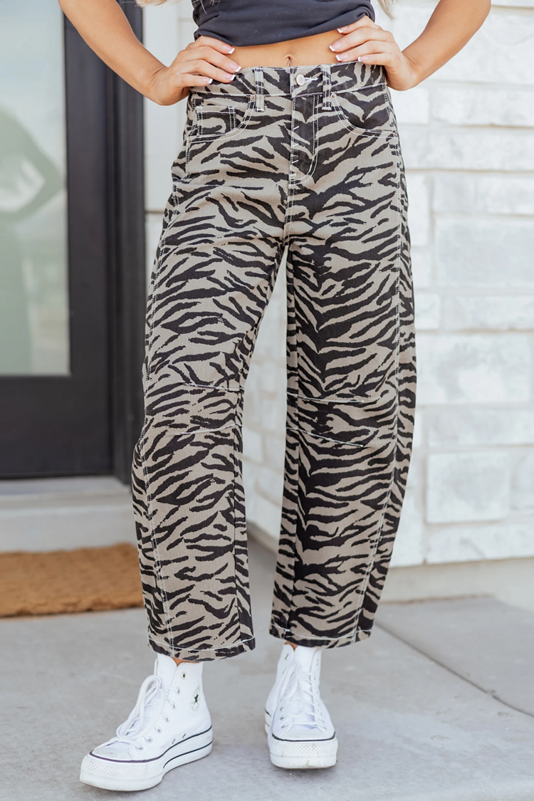 Zebra Stripe Printed Wide Leg Barrel Jeans