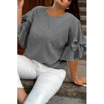 Checkered Round Neck Top with  Bow Decor Bell Sleeve