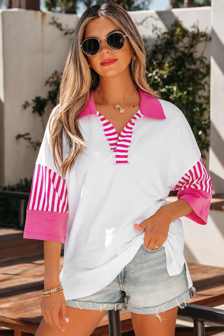 Striped Color Block Patchwork Polo Collar Half Sleeve T Shirt