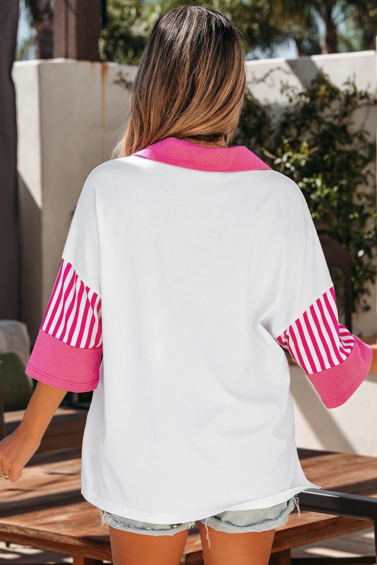 Striped Color Block Patchwork Polo Collar Half Sleeve T Shirt