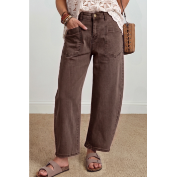 Solid Color Square Patch Pocket Ankle-length Barrel Jeans