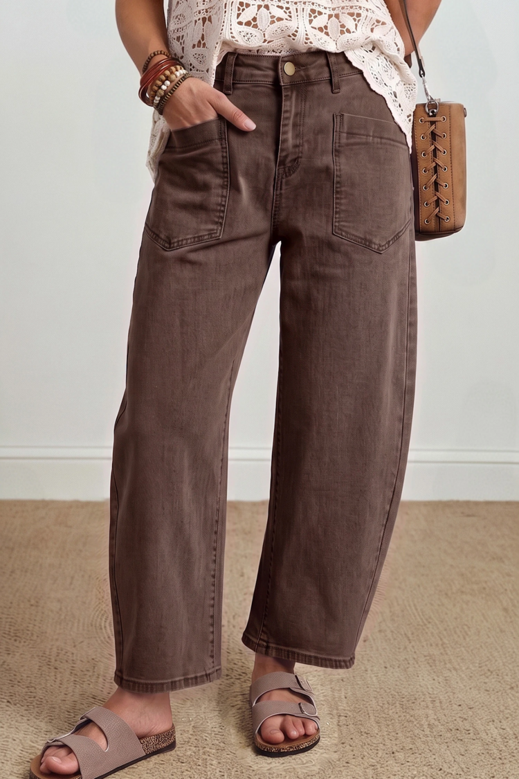 Solid Color Square Patch Pocket Ankle-length Barrel Jeans