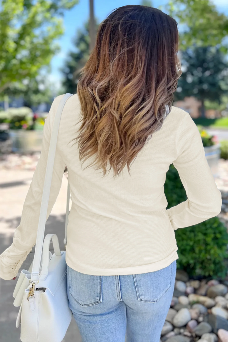 Thermal Knit Lace Ruched Patchwork Long Sleeve V Neck Top