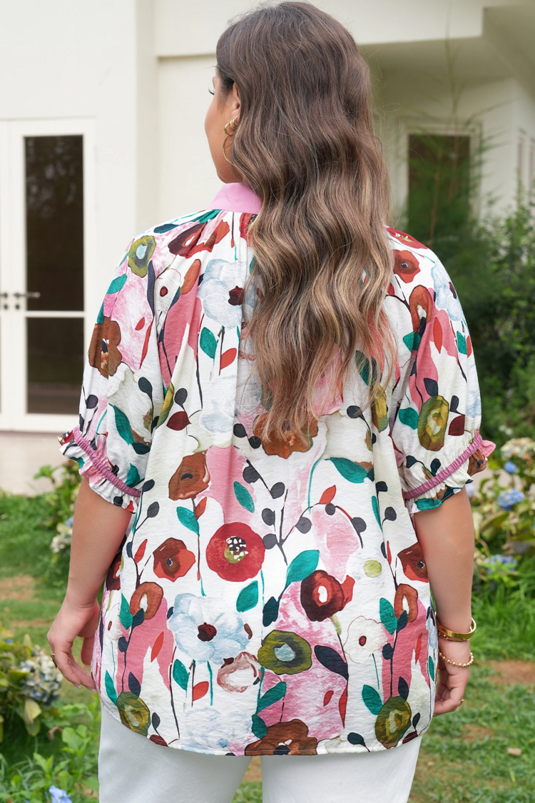 V Neck Short Puff Sleeve Plus Size Floral Blouse