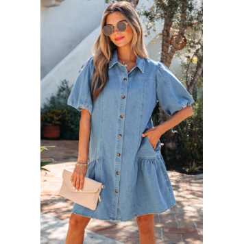Button Down Short Puff Sleeve Ruffle Hem Patchwork Denim Dress