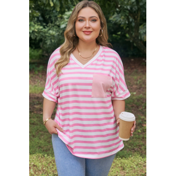 Colorblock Patched Pocket V Neck Plus Size Tee