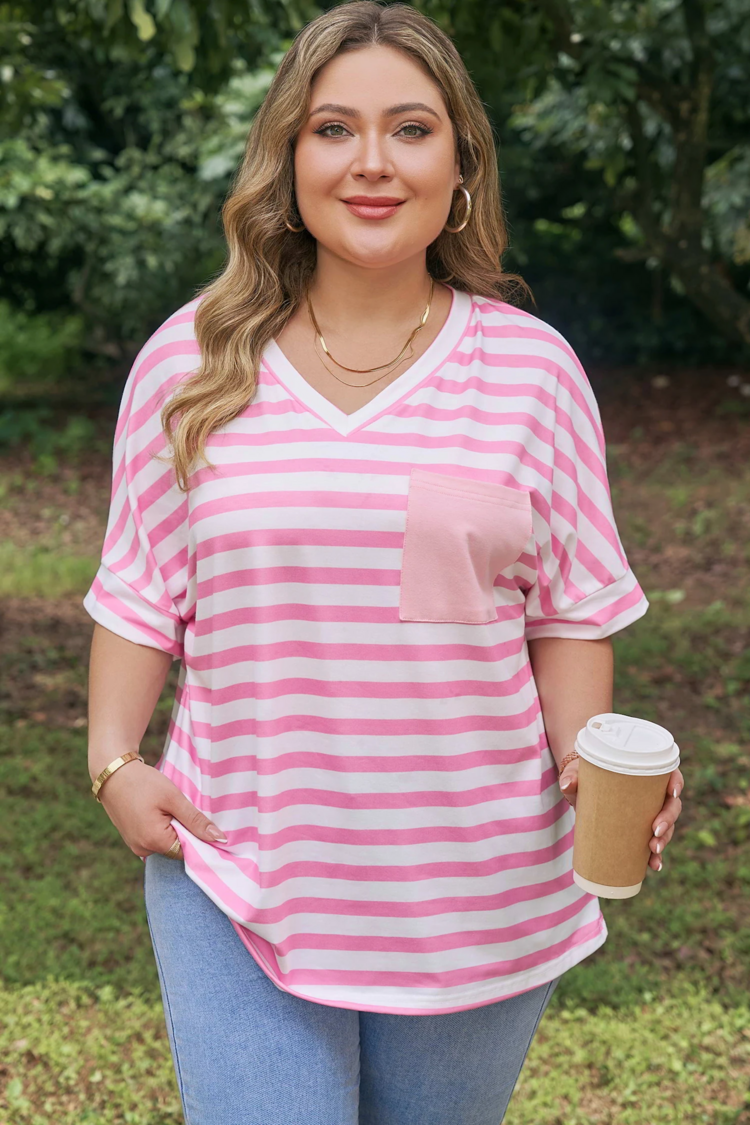 Colorblock Patched Pocket V Neck Plus Size Tee