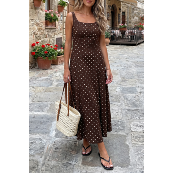 Polka Dot Print Square Neck Sleeveless Vacation Long Dress