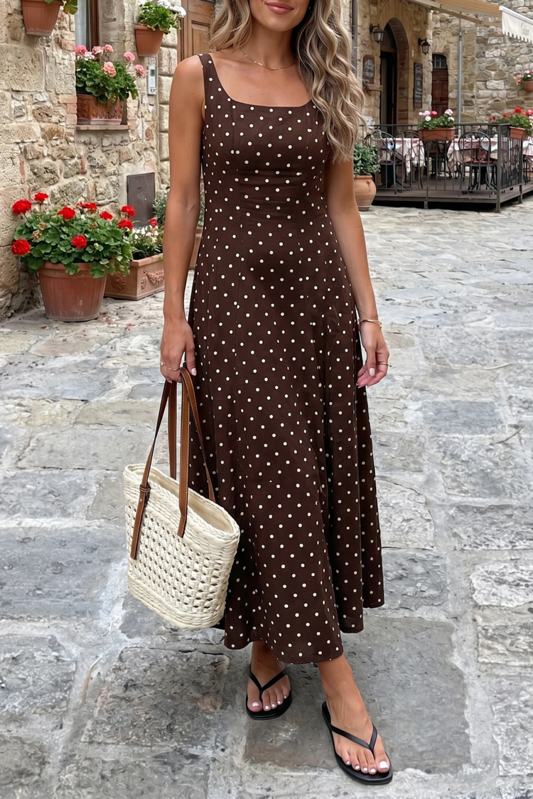 Polka Dot Print Square Neck Sleeveless Vacation Long Dress