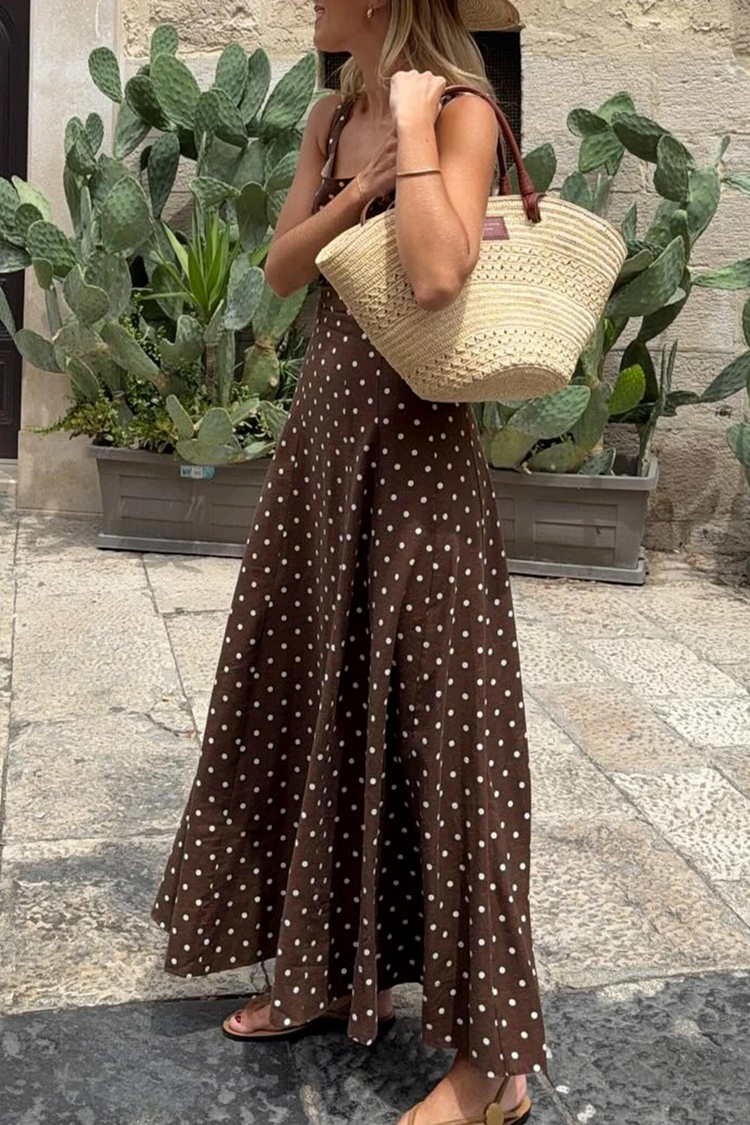Polka Dot Print Square Neck Sleeveless Vacation Long Dress