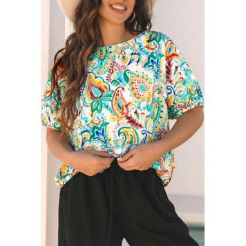 Boho Paisley Floral Printed Puff Sleeve Blouse