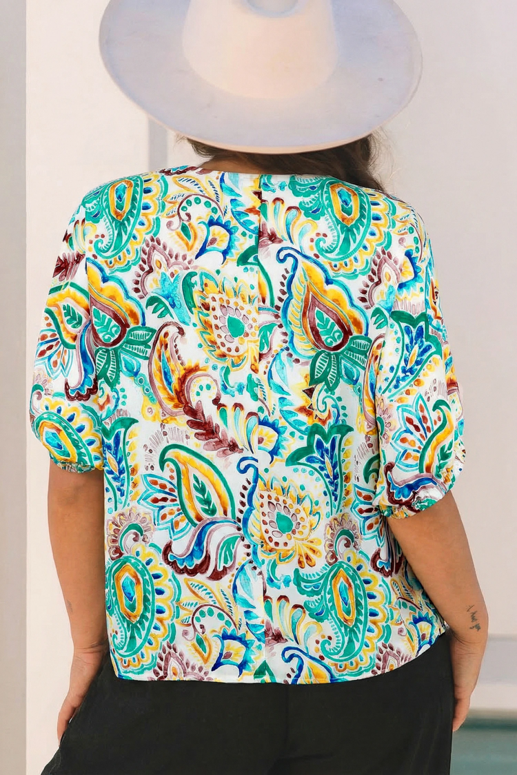 Boho Paisley Floral Printed Puff Sleeve Blouse