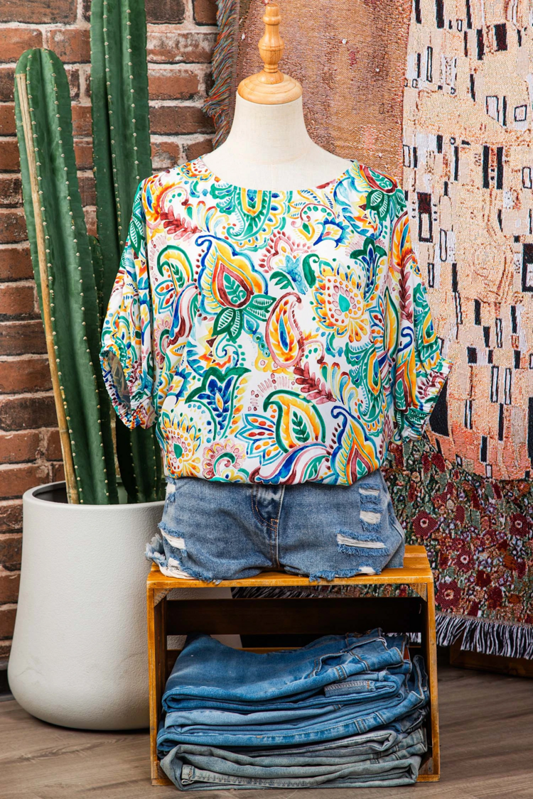 Boho Paisley Floral Printed Puff Sleeve Blouse
