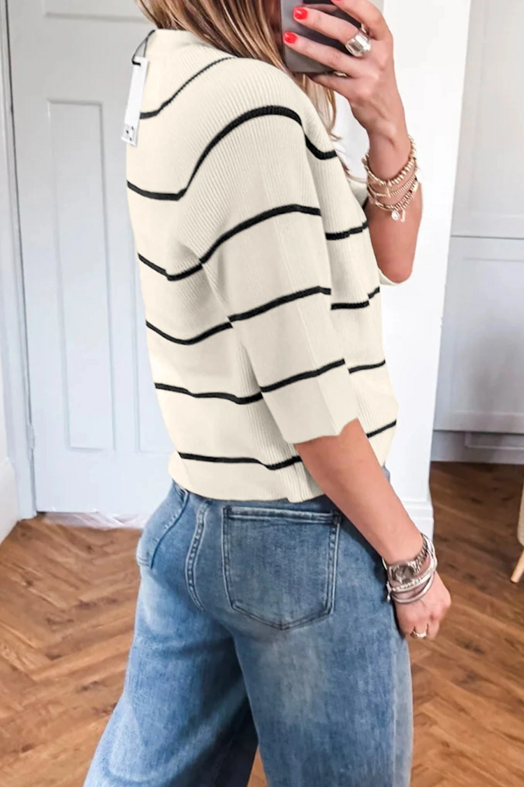 Ribbed Knit Half Sleeve Loose Sweater Tee