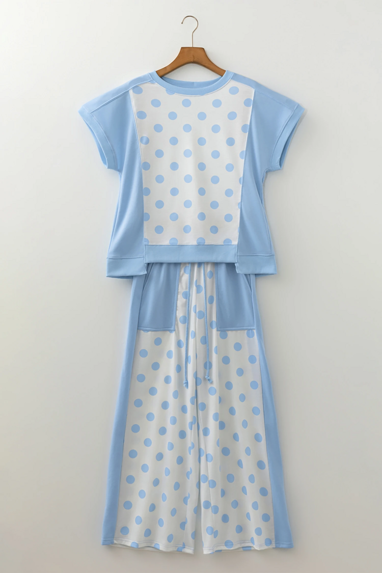 Color Block Patchwork Polka Dot Wide Leg Pant Set