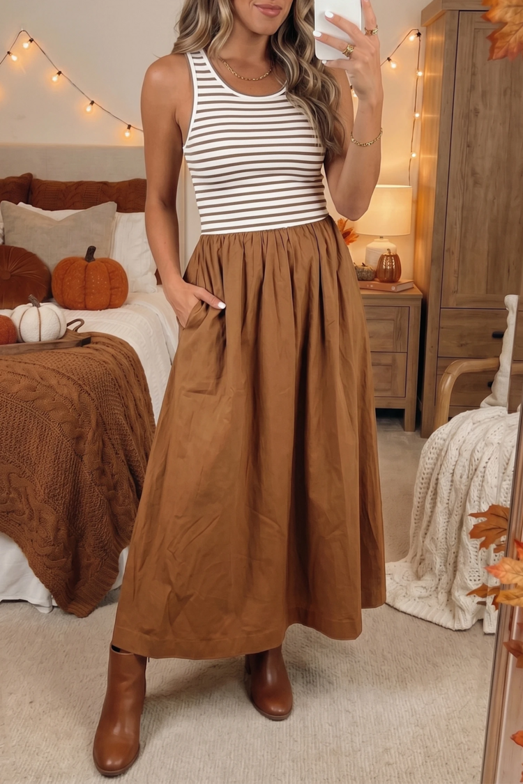 Striped Colorblock Patchwork Sleeveless Casual Long Dress