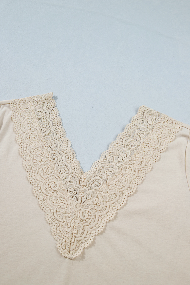 Lace Trim V Neck Long Sleeve Patchwork Pullover Top