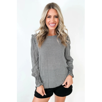 Plaid Shirred Cuff Long Sleeve Round Neck Blouse