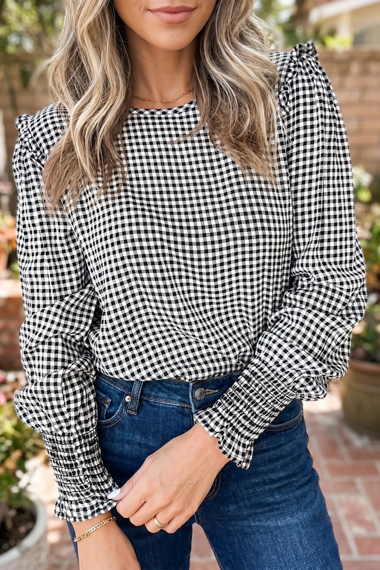 Plaid Shirred Cuff Long Sleeve Round Neck Blouse