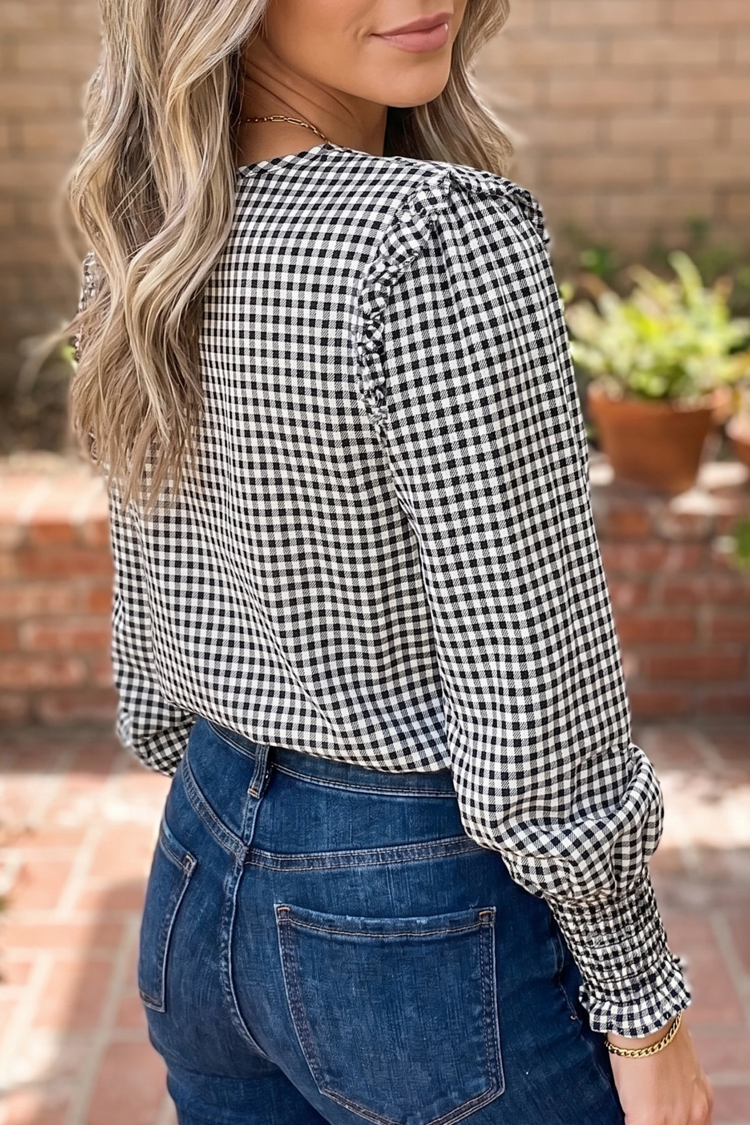 Plaid Shirred Cuff Long Sleeve Round Neck Blouse