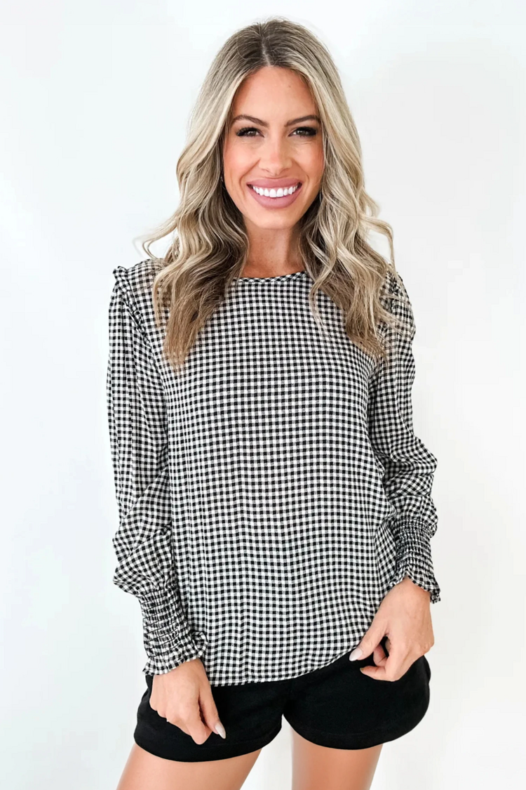 Plaid Shirred Cuff Long Sleeve Round Neck Blouse