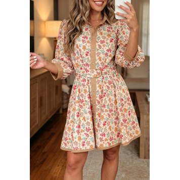 Floral Print Color Block Trim Button Down 3/4 Sleeve Belted Mini Dress