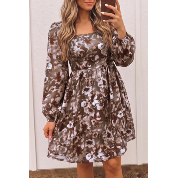 Abstract Floral Print Square Neck Long Sleeve Mini Shift Dress