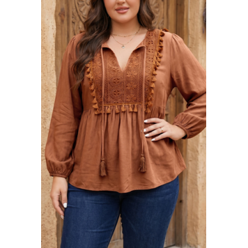 Boho V Neck Embroidered Tassel Long Sleeve Plus Size Blouse