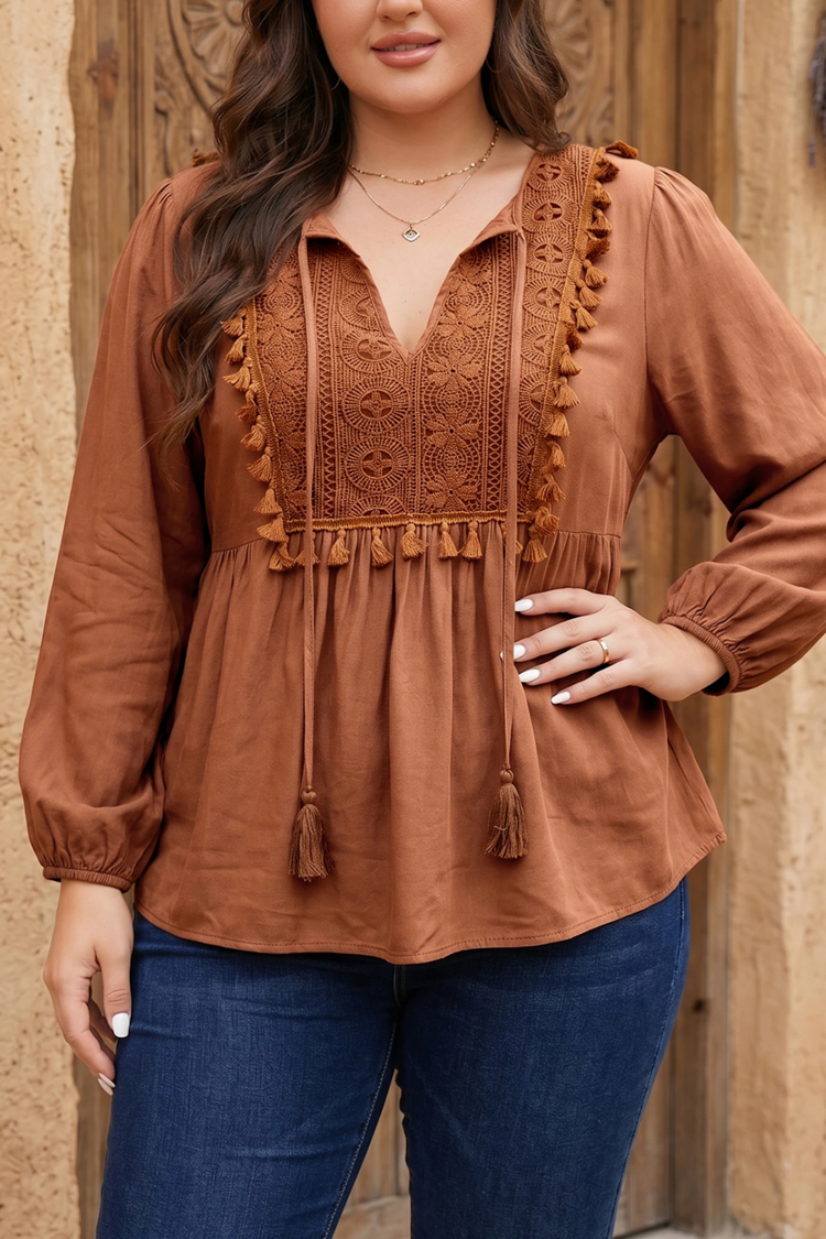 Boho V Neck Embroidered Tassel Long Sleeve Plus Size Blouse