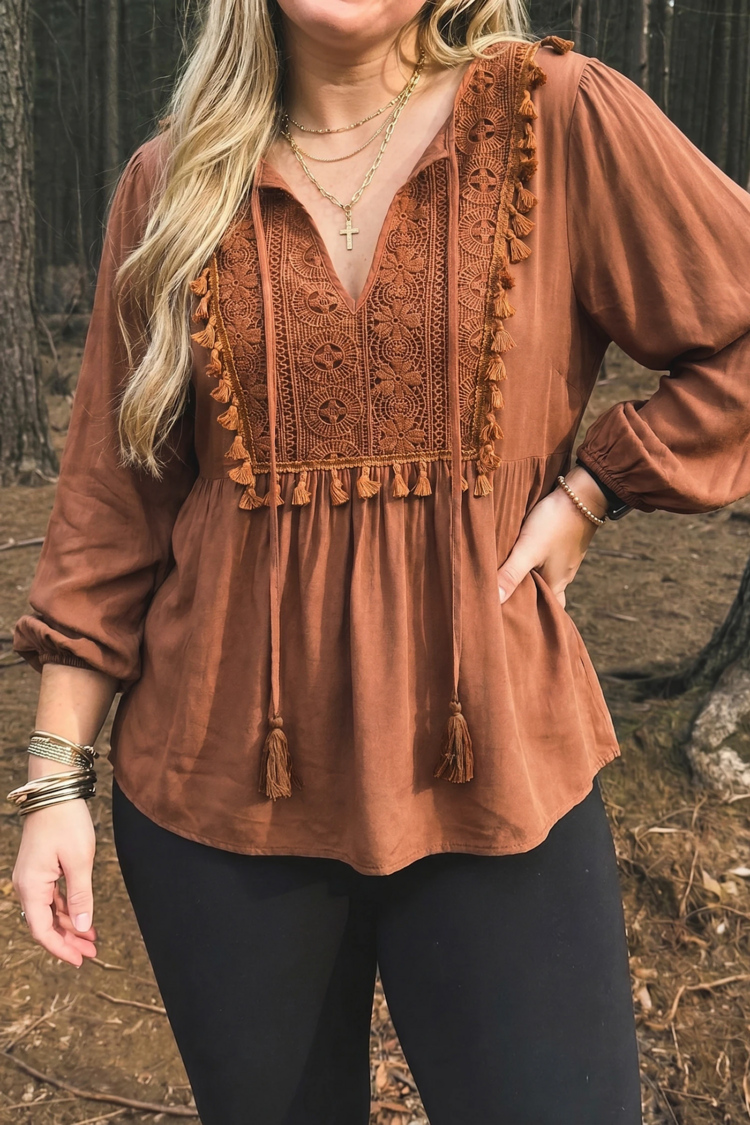 Boho V Neck Embroidered Tassel Long Sleeve Plus Size Blouse