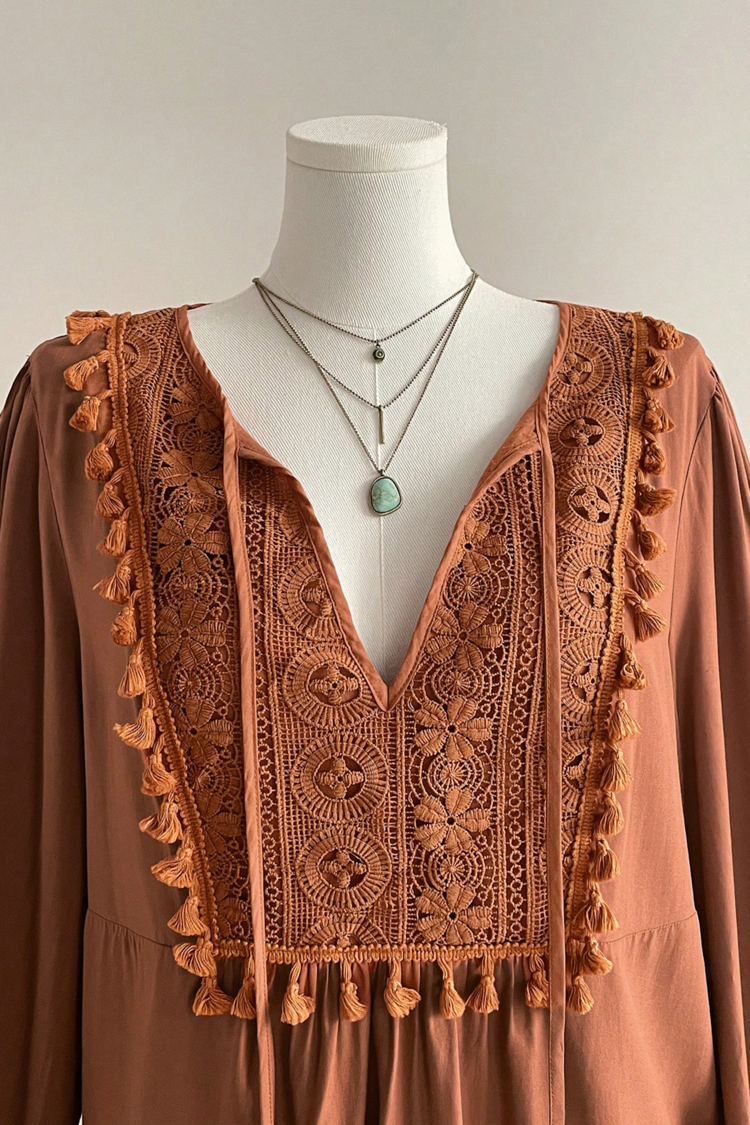 Boho V Neck Embroidered Tassel Long Sleeve Plus Size Blouse
