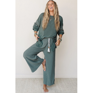 Raw Seam Patchwork Long Sleeve Top Pocket Casual Pants 2pcs Set