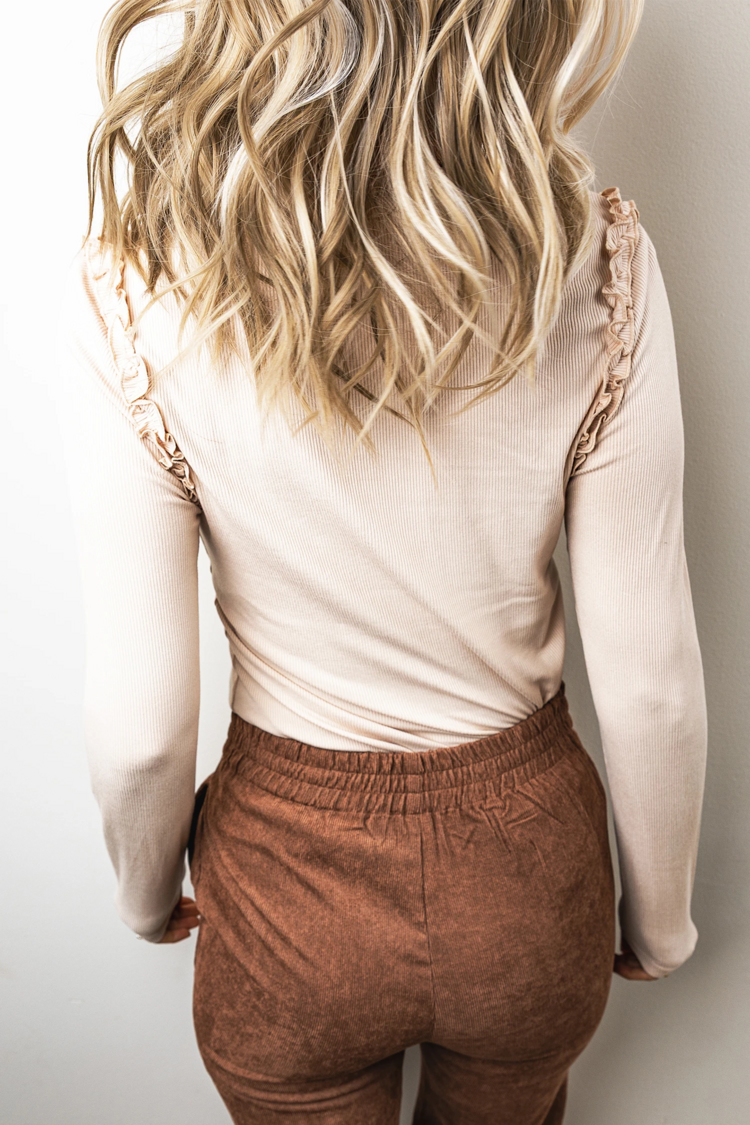 Solid Color Round Neck Frill Detail Long Sleeve Top