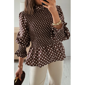 Polka Dot Ruffled High Neck Shirred Ruffle Hem Blouse