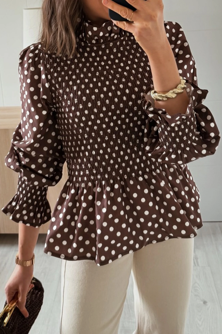 Polka Dot Ruffled High Neck Shirred Ruffle Hem Blouse