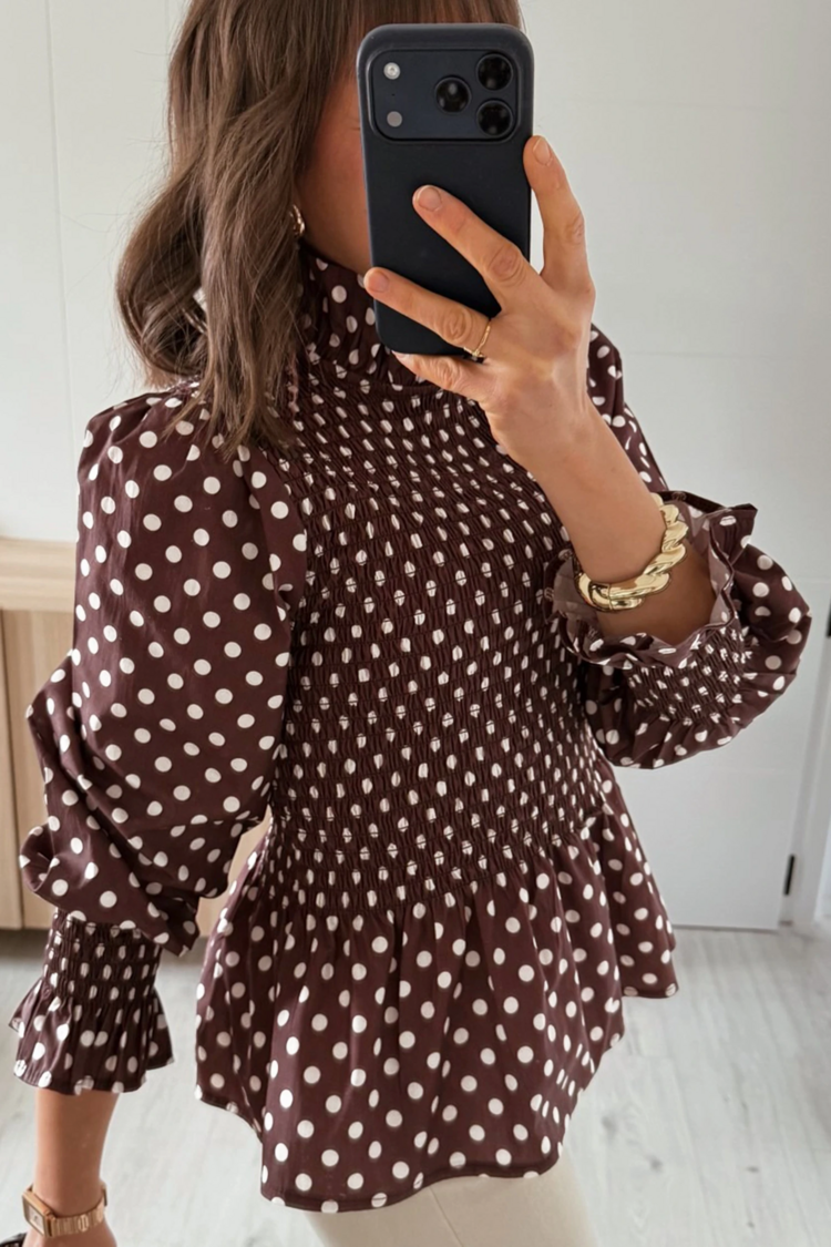 Polka Dot Ruffled High Neck Shirred Ruffle Hem Blouse