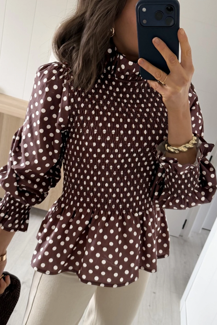 Polka Dot Ruffled High Neck Shirred Ruffle Hem Blouse