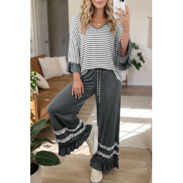 V Neck Ruffle Contrast Sleeve Top Drawstring Pants 2pcs Set