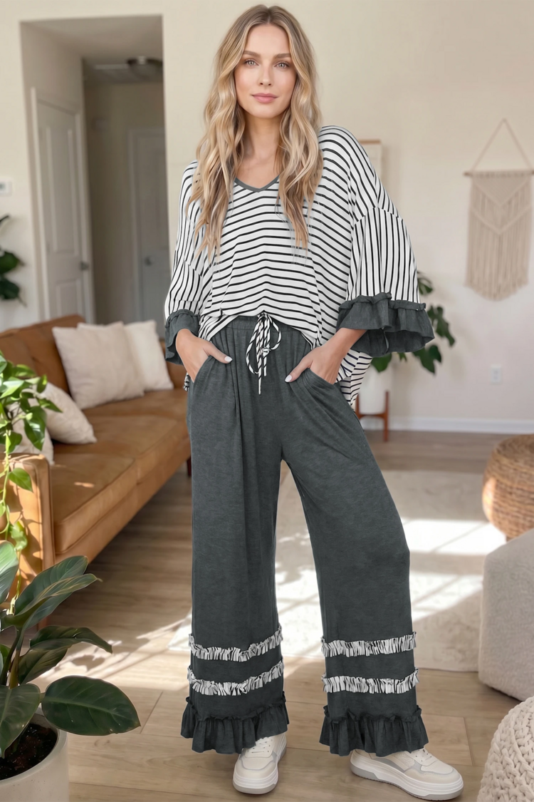 V Neck Ruffle Contrast Sleeve Top Drawstring Pants 2pcs Set