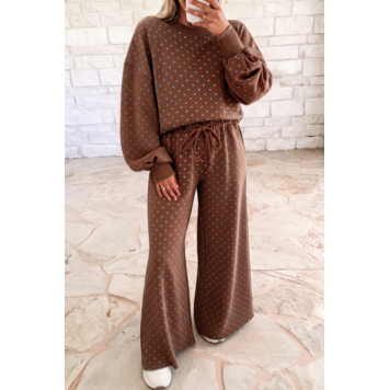 Polka Dot Drawstring Wide Leg Long Sleeve Top Pant Set
