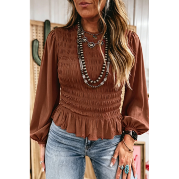 Solid Color Smocked Ruffle Hem Long Sleeve Blouse