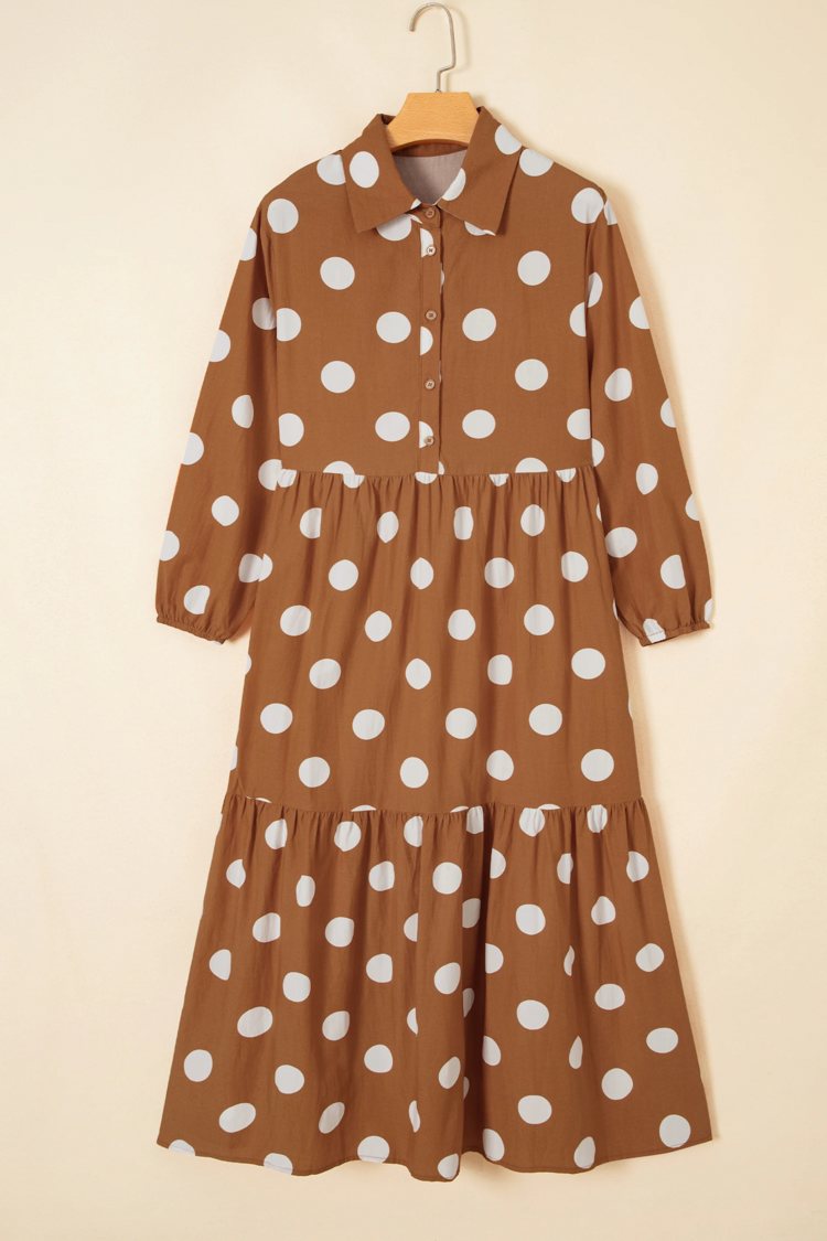 Polka Dot Button Front Long Sleeve Shift Dress