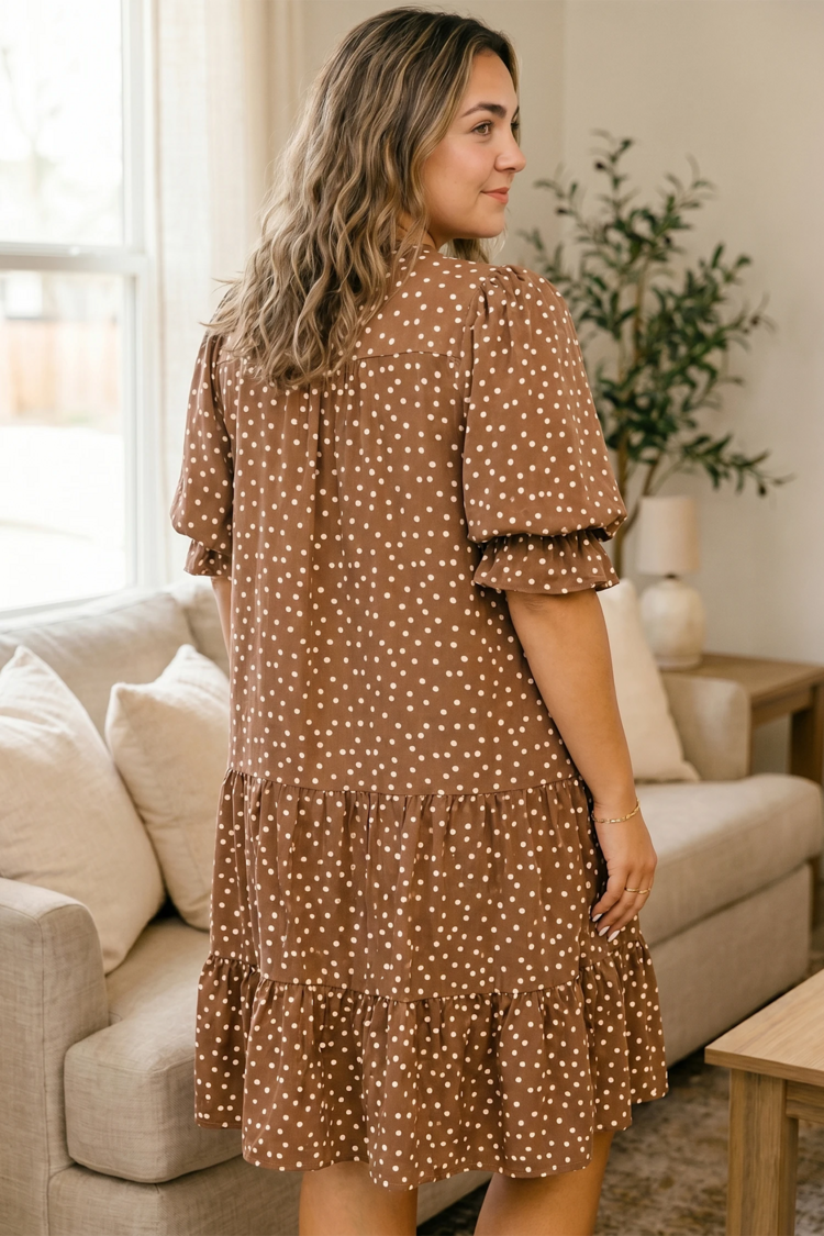 V Neck Polka Dot Long Sleeve Shift Plus Size Dress
