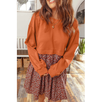 Solid Long Sleeve Top Patchwork Floral Flared 2-in-1 Mini Dress
